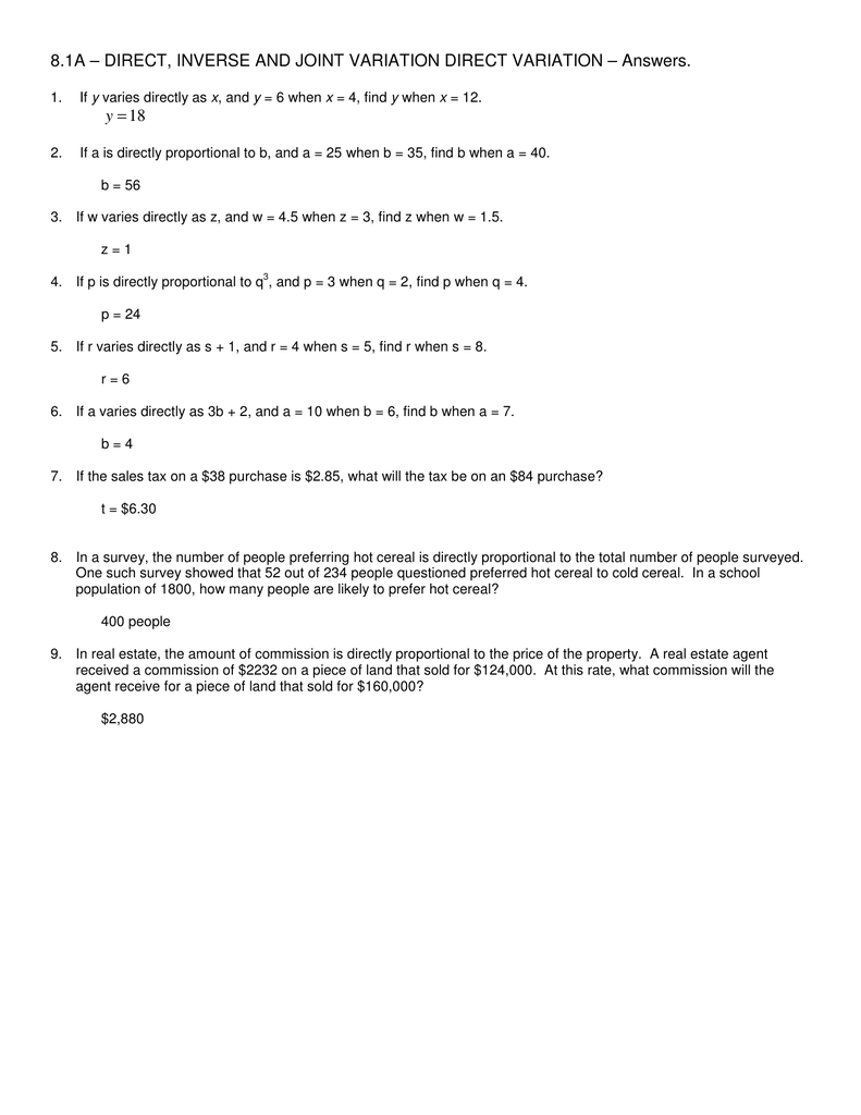 8 1a Direct Inverse And Joint Variation