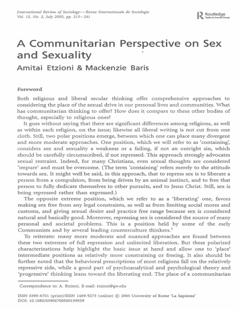 A Communitarian Perspective On Sex And Sexuality 
