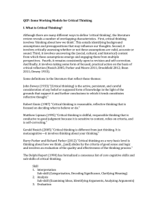 QEP: Some Working Models for Critical Thinking I. What is Critical