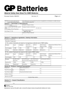 Material Safety Data Sheet For NiMH Batteries