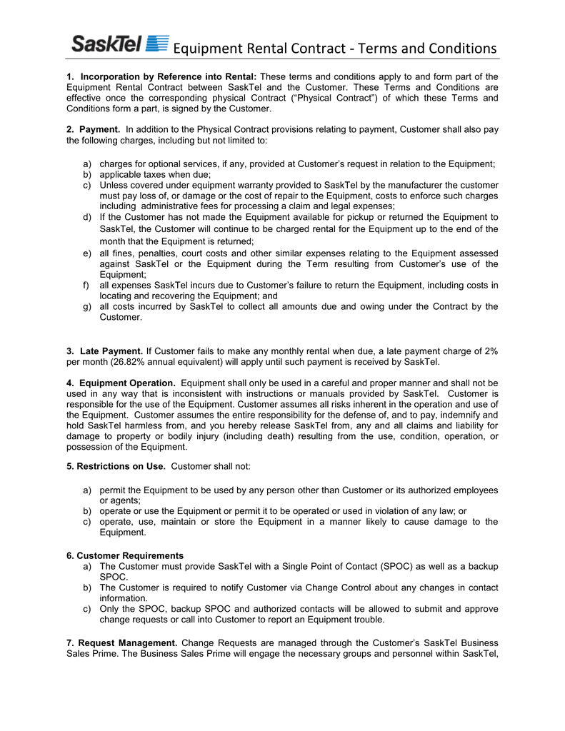 Equipment Rental Contract Terms And Conditions