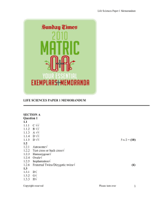 LIFE SCIENCES PAPER 1 MEMORANDUM SECTION A Question 1