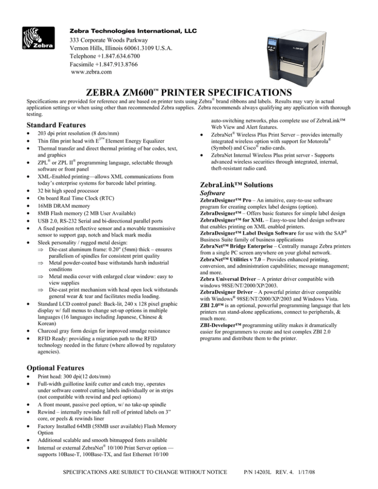 Zebra Zm600 Printer Specifications