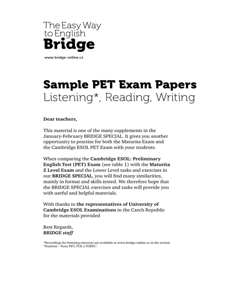 Sample PET Exam Papers Listening Reading Writing