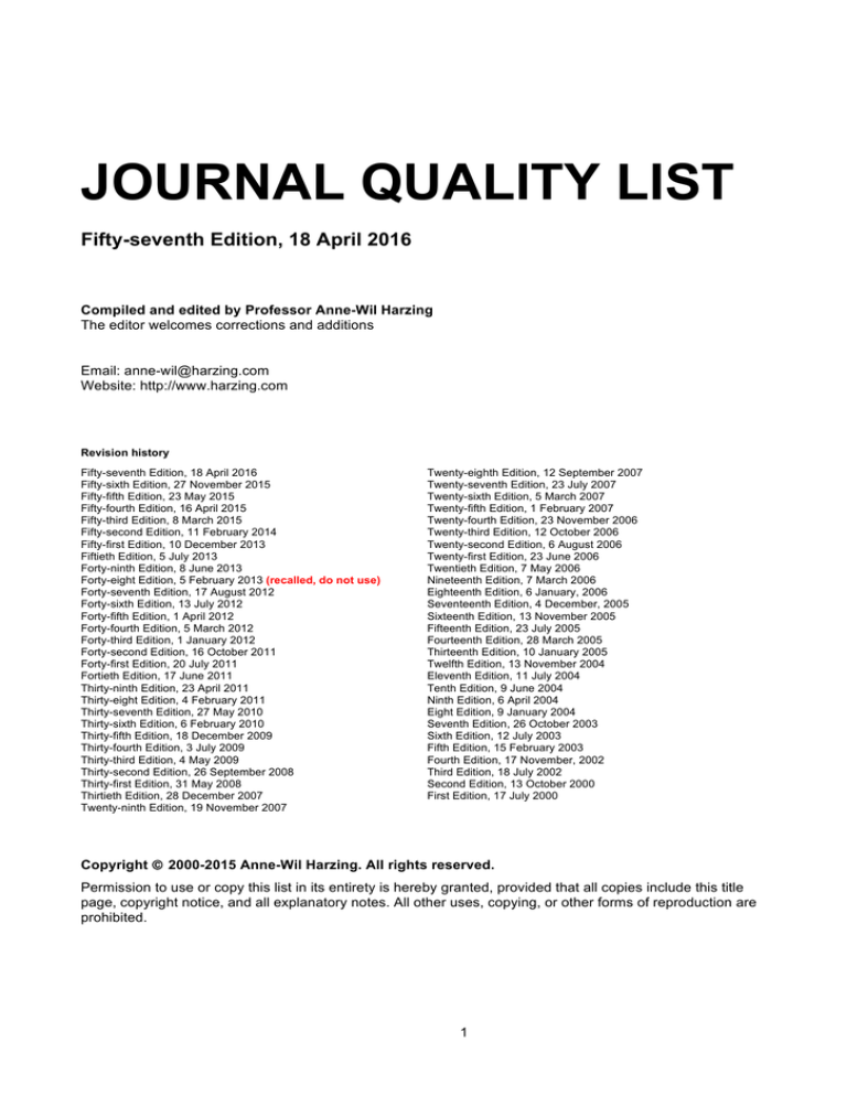  Journal Quality List 