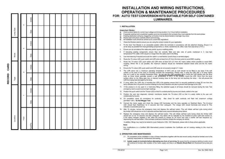 Installation And Wiring Instructions Operation