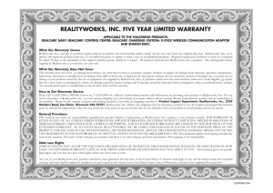 REALITYWORKS, INC. FIVE YEAR LIMITED WARRANTY