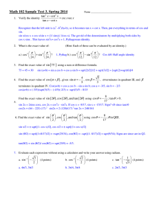 Math 102 Sample Test 3, Spring 2014