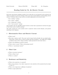 Reading Guide for Ch. 20, Electric Circuits 1 Electromotive Force