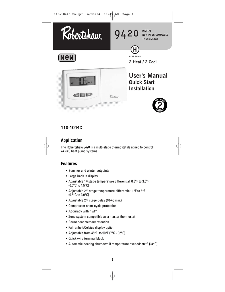 9420 User Manual - Robertshaw Climate  Robertshaw 9420 Thermostat Wiring Diagram    StudyLib