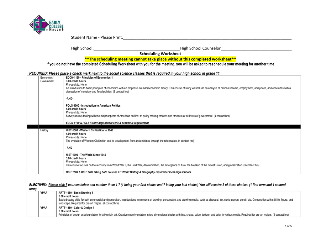 Worksheets Scheduling Worksheet scheduling worksheet early college of macomb