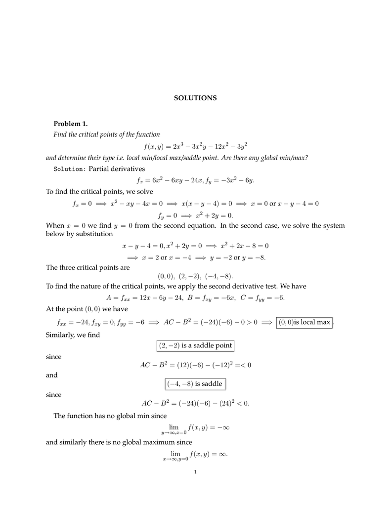 Solutions Problem 1 Find The Critical Points Of The Function F X Y