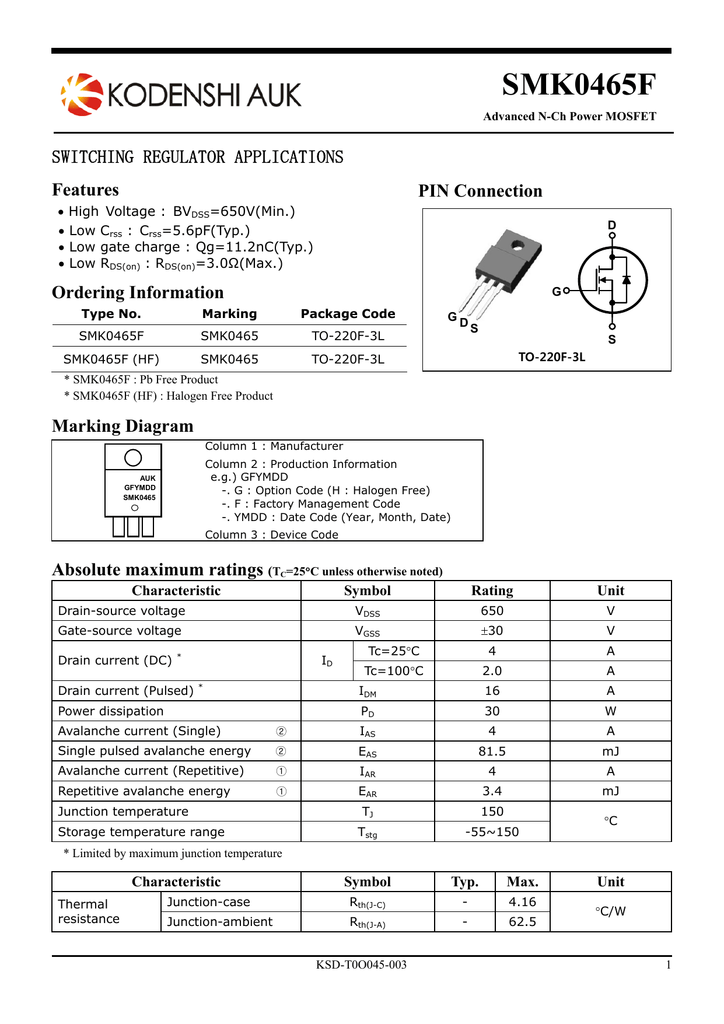 10 x SMK0465 SMK0465F SWITCHING REGULATOR APPLICATIONS TO-220F 650V 4A