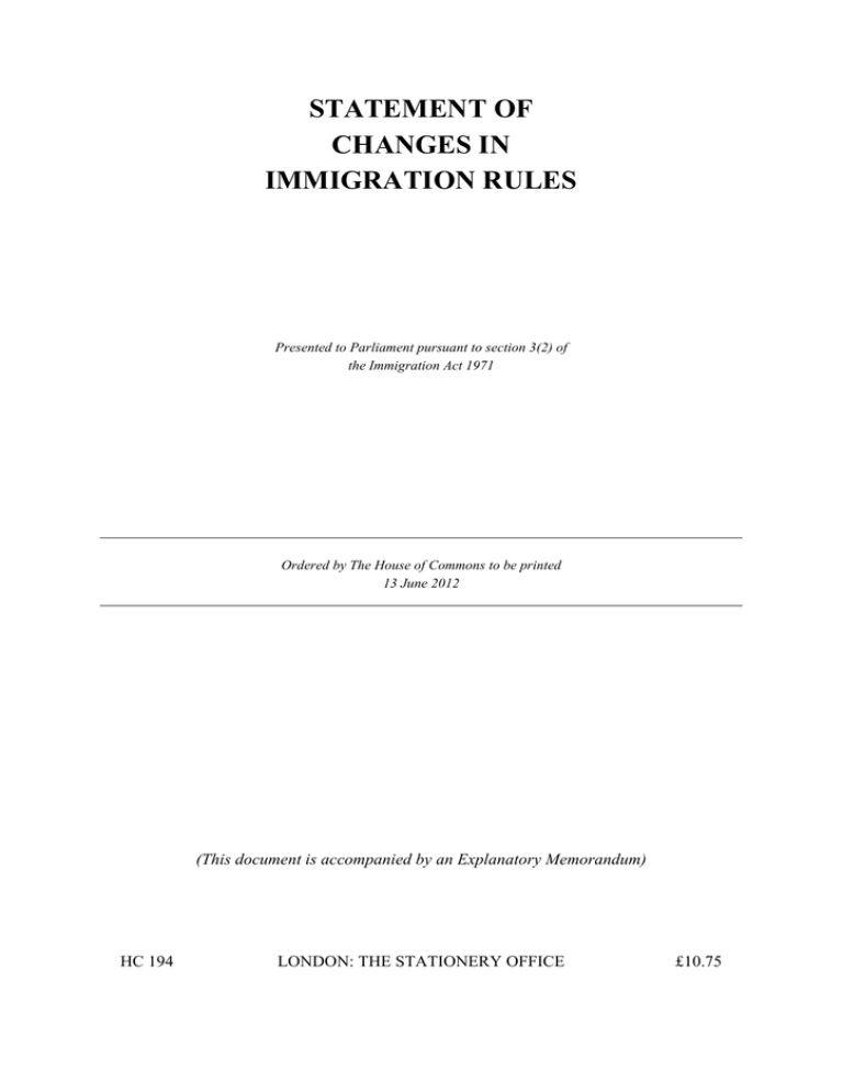 Statement of changes in immigration rules HC 194