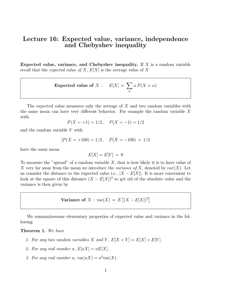 Lecture 16 Expected Value Variance Independence And