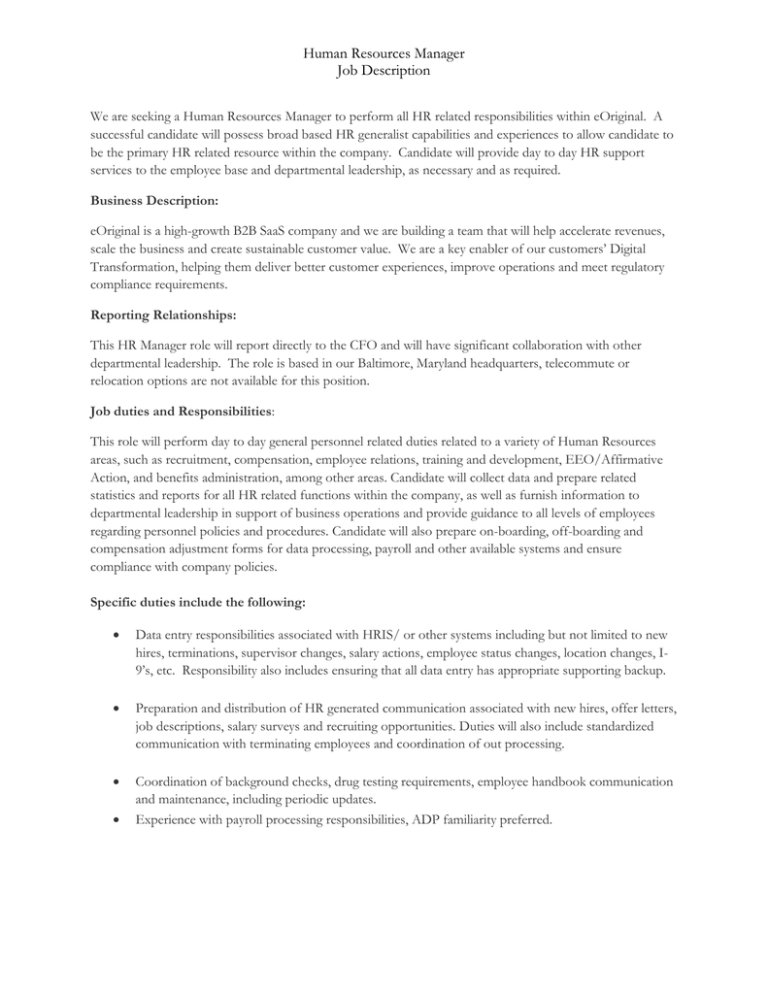 Human Resources Manager Job Description