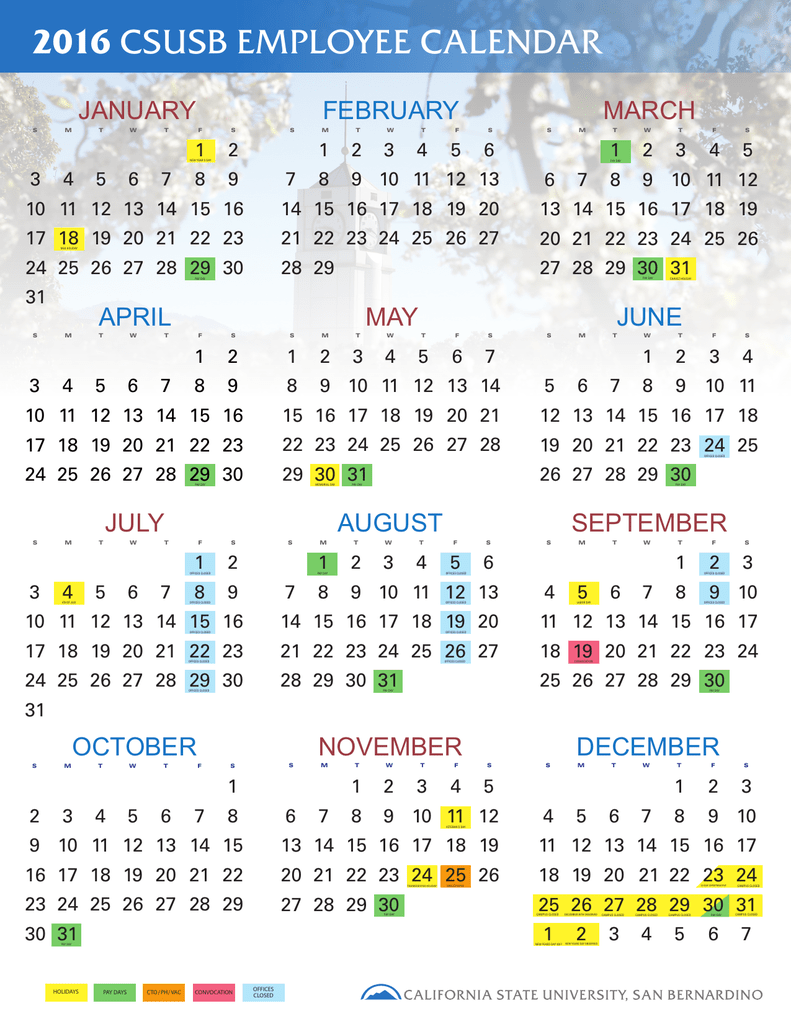 Csusb Fall 2022 Calendar 2016 Csusb Employee Calendar