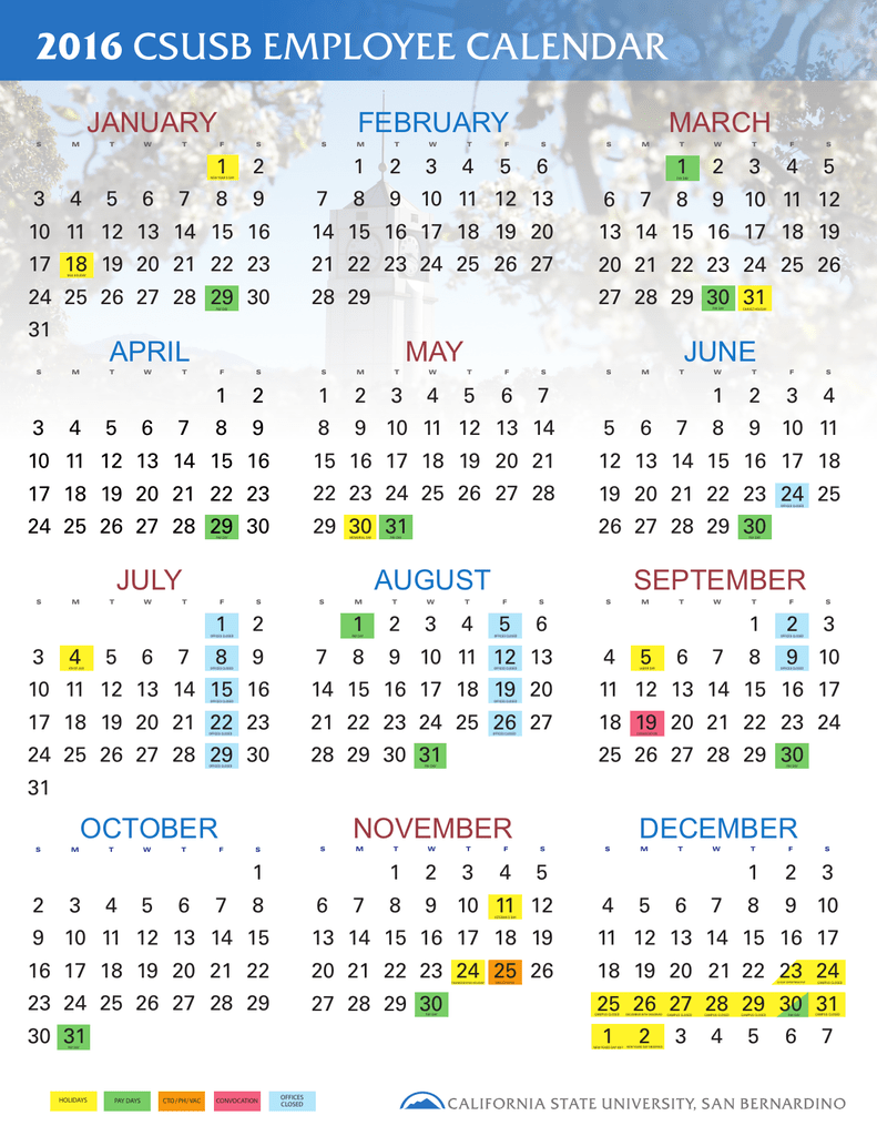 2016 Csusb Employee Calendar