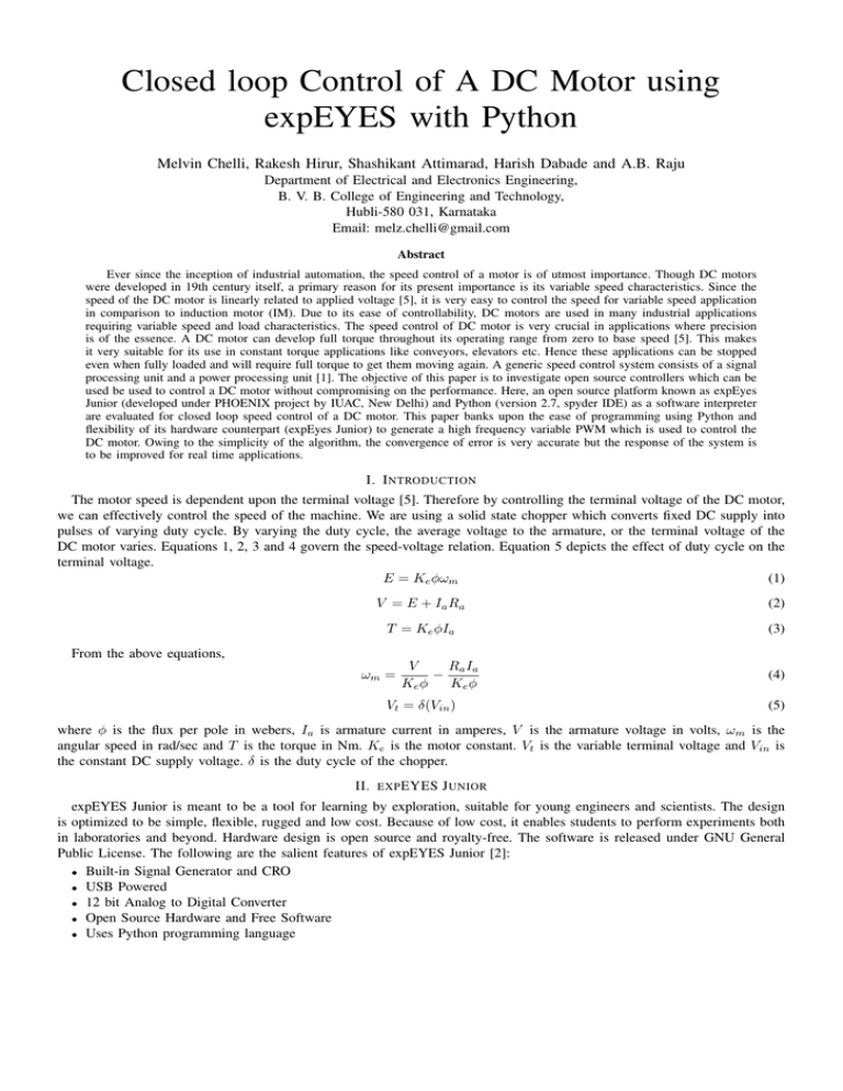 Closed loop Control of A DC Motor using expEYES with Python