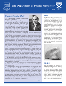 Greetings from the Chair --Yale Department of Physics Newsletter