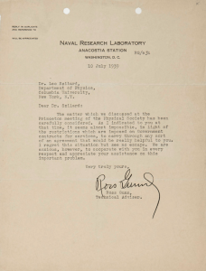 NAVAL RESEARCH LABORATORY 10 July 1939 Dr. Leo Szilard