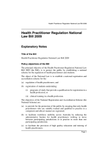 Health Practitioner Regulation National Law Bill 2009 Explanatory
