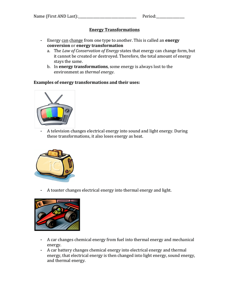 Energy Transformations Student Worksheet With Regard To Energy Transformation Worksheet Answer Key