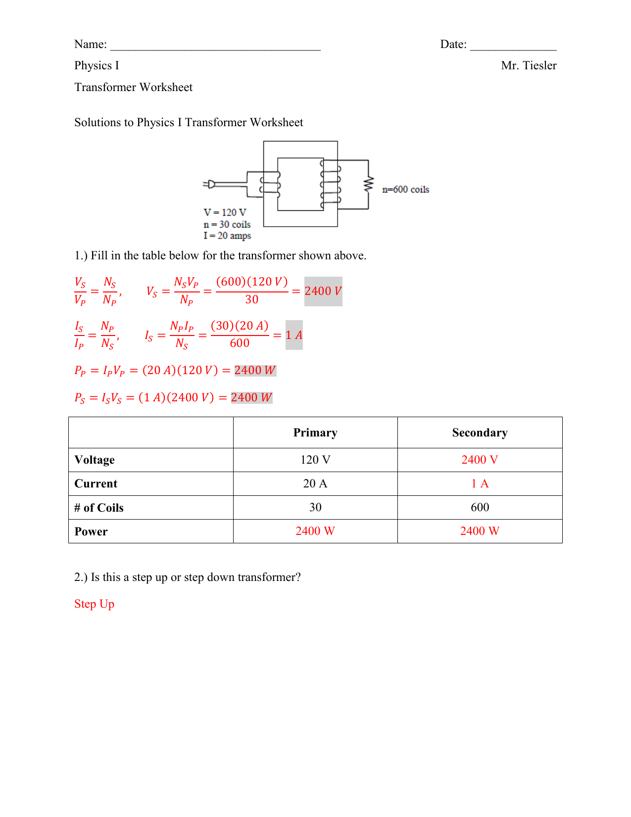 Solutions To Transformer Worksheet