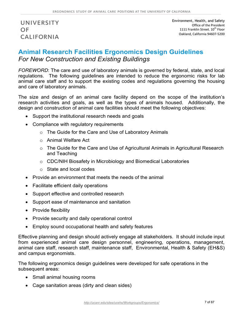 Animal Research Facilities Ergonomics Design Guidelines For New