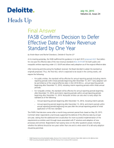 Heads Up — FASB confirms decision to defer effective date of new