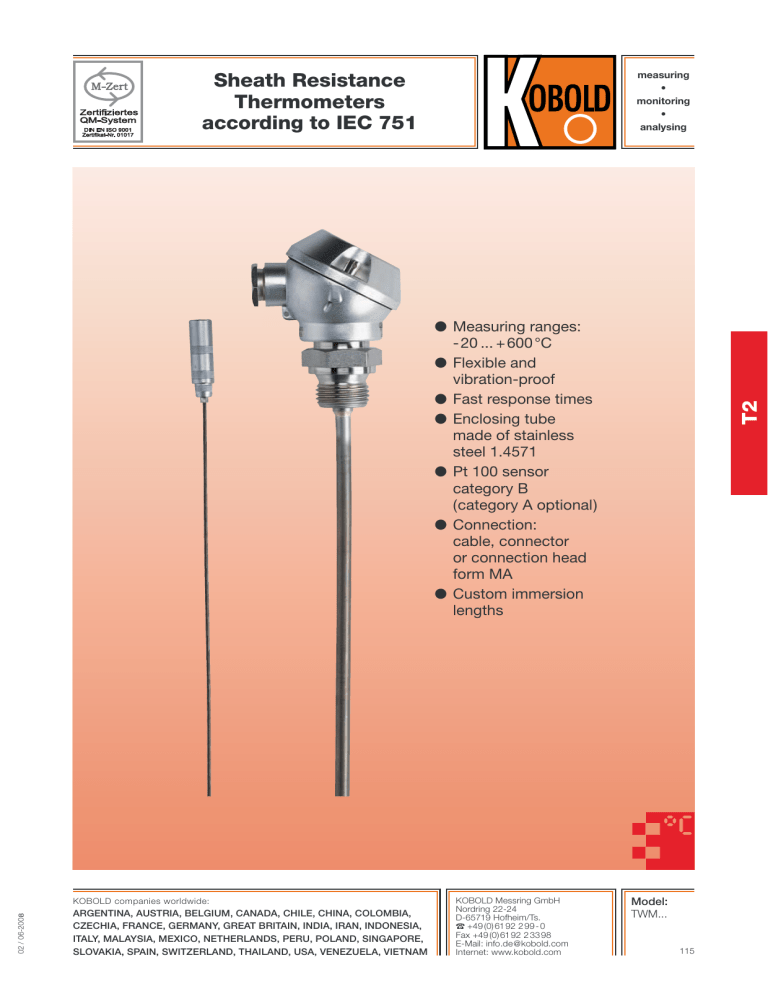 Sheath Resistance Thermometers according to IEC 751 T2