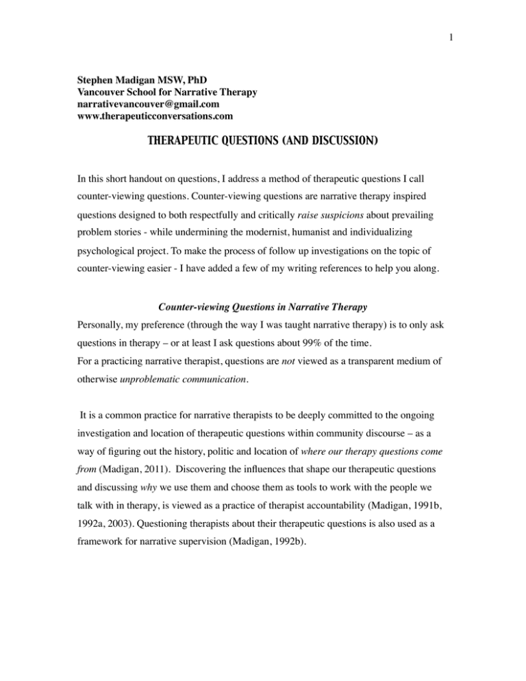 Question Handout Vancouver Narrative Therapy Training And