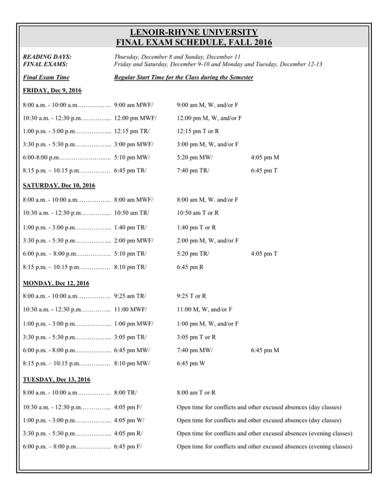 Fall 16 Exam Schedule Lenoir