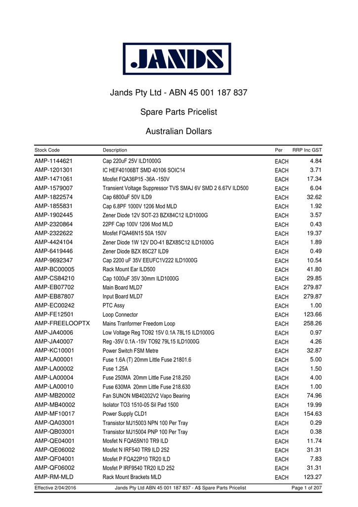 Spare Parts Price List