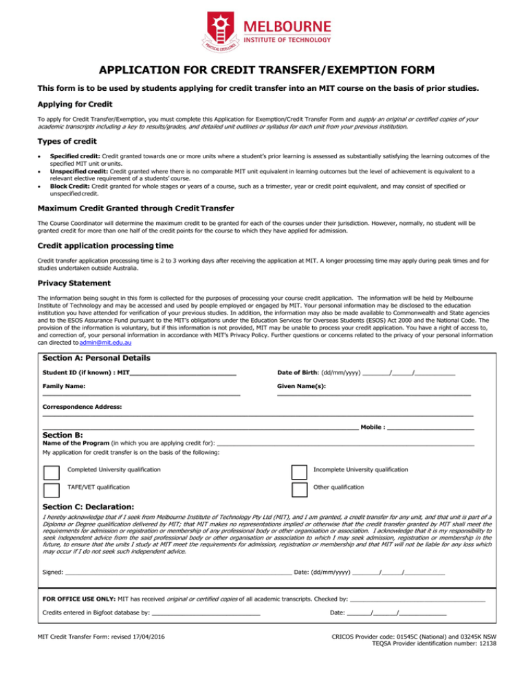 Application For Credit Transfer exemption Form