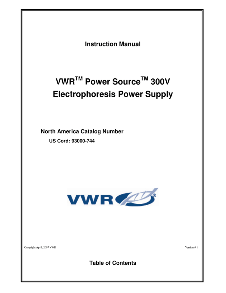 VWR Power Source 300V Electrophoresis Power Supply