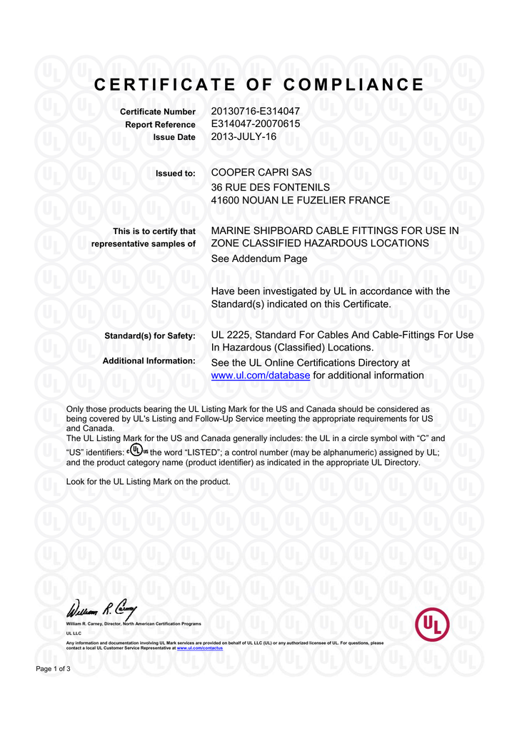 certificate of compliance