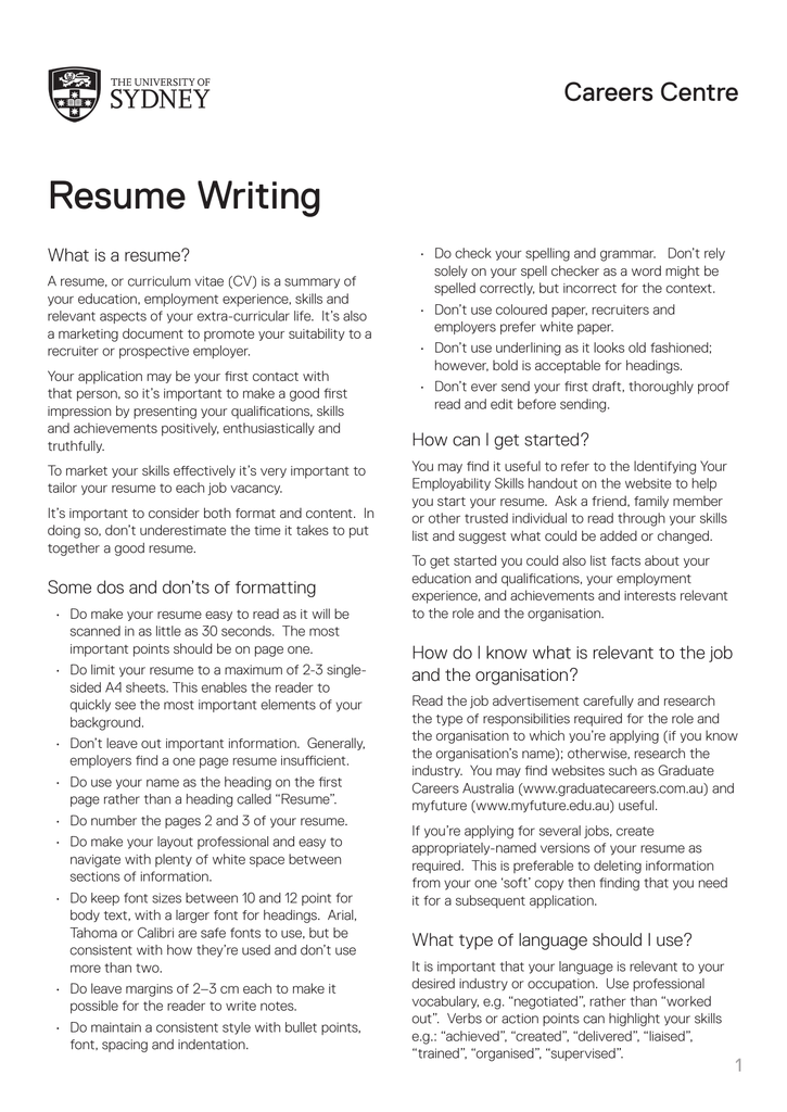 resume writing usyd