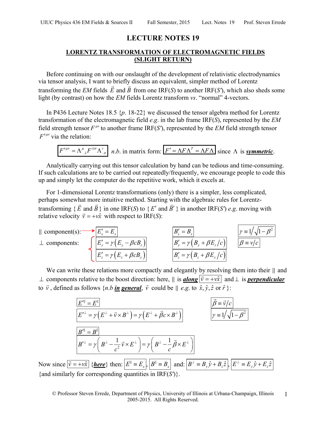 Lecture Notes 19 Relativistic Electrodynamics