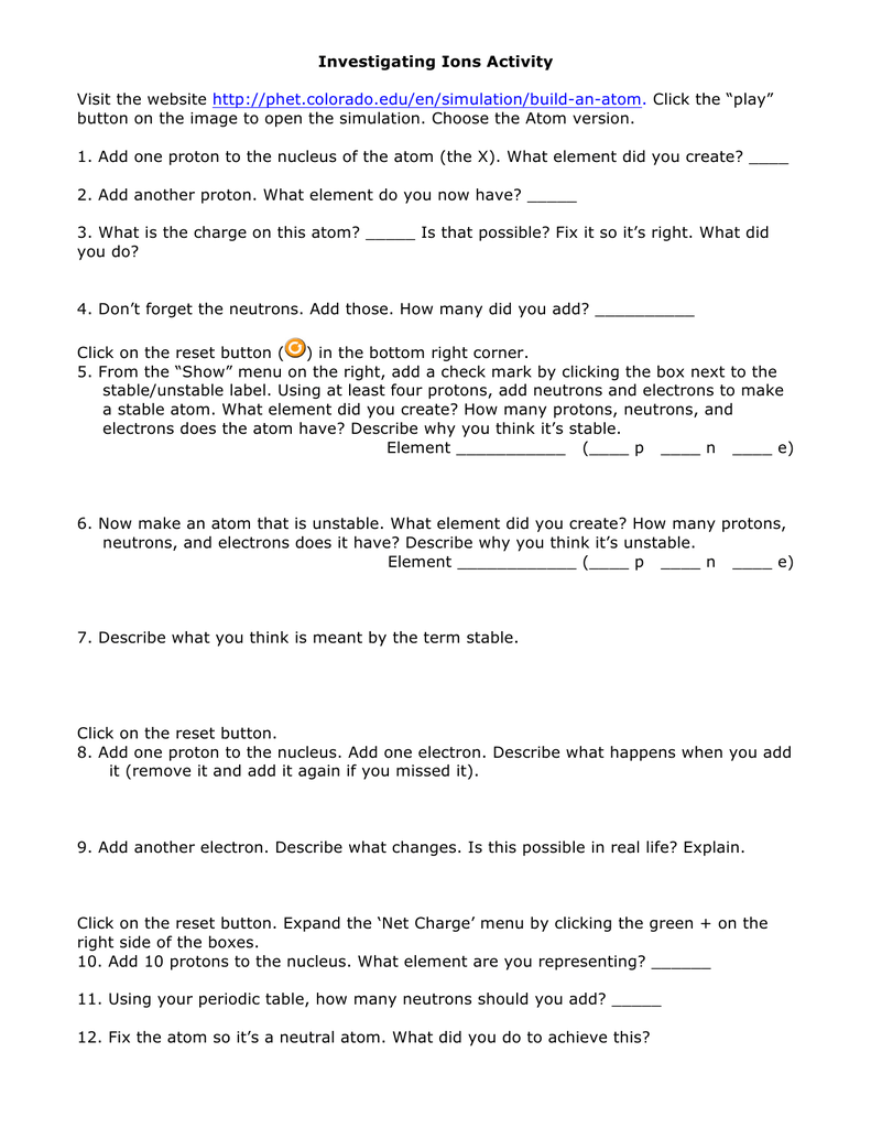 Phet Build An Atom Worksheet