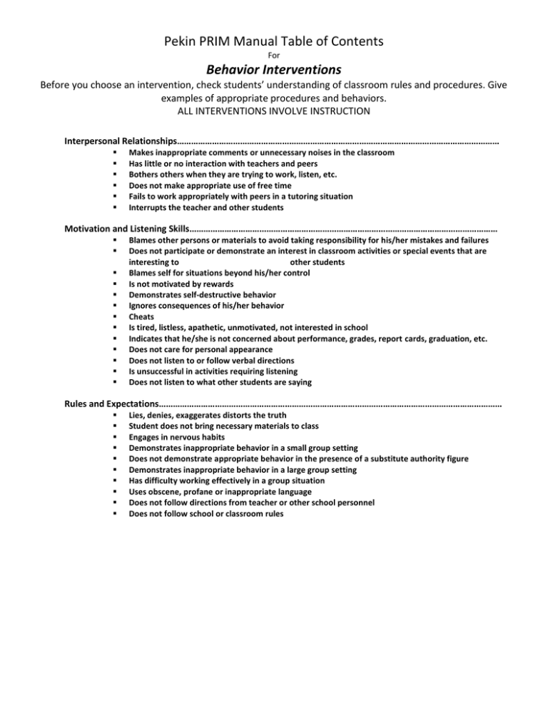 Dragon Prim Manual for BEHAVIORAL INTERVENTIONS