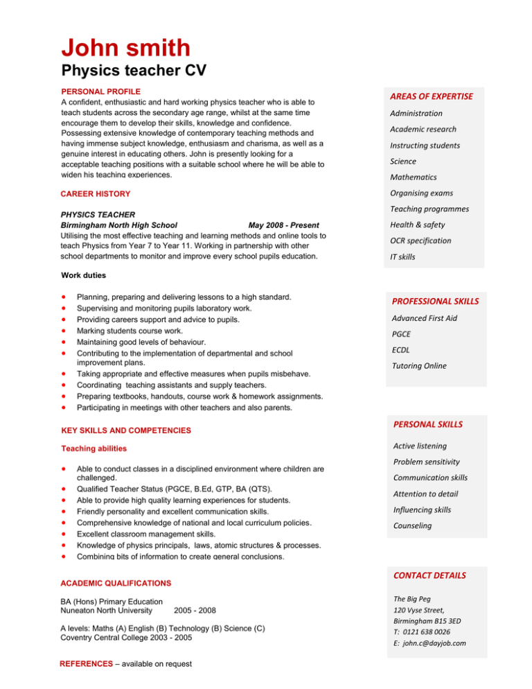 physics teacher resume template