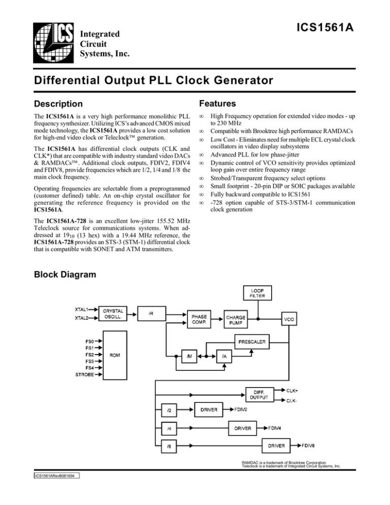 ICS1561A Differential Output PLL Clock Generator rf