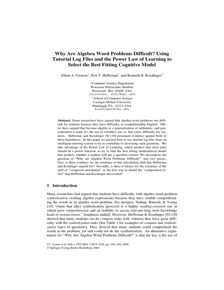 Why Are Algebra Word Problems Difficult Using Tutorial Log Files