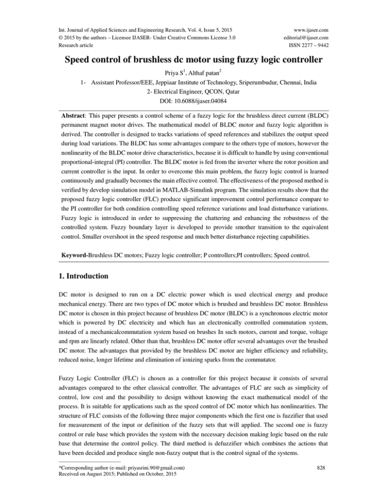 Speed control of brushless dc motor using fuzzy logic controller