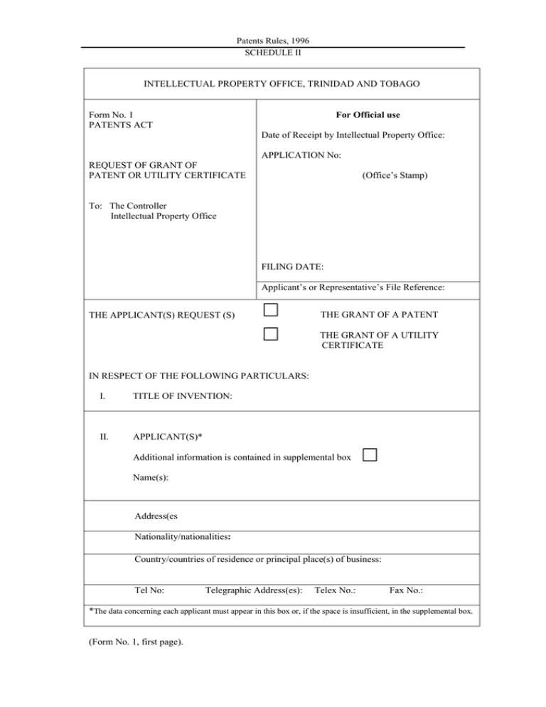 Request of Grant of Patent or Utility Certificate