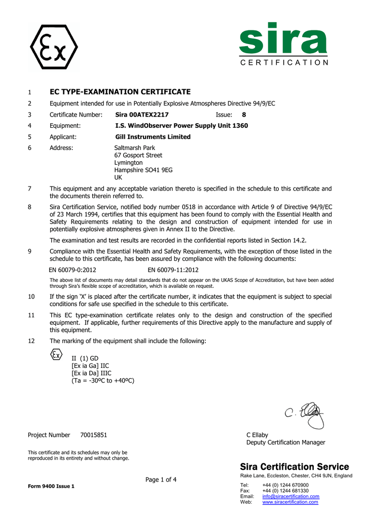 Sira EC type examination Certificate 00 ATEX