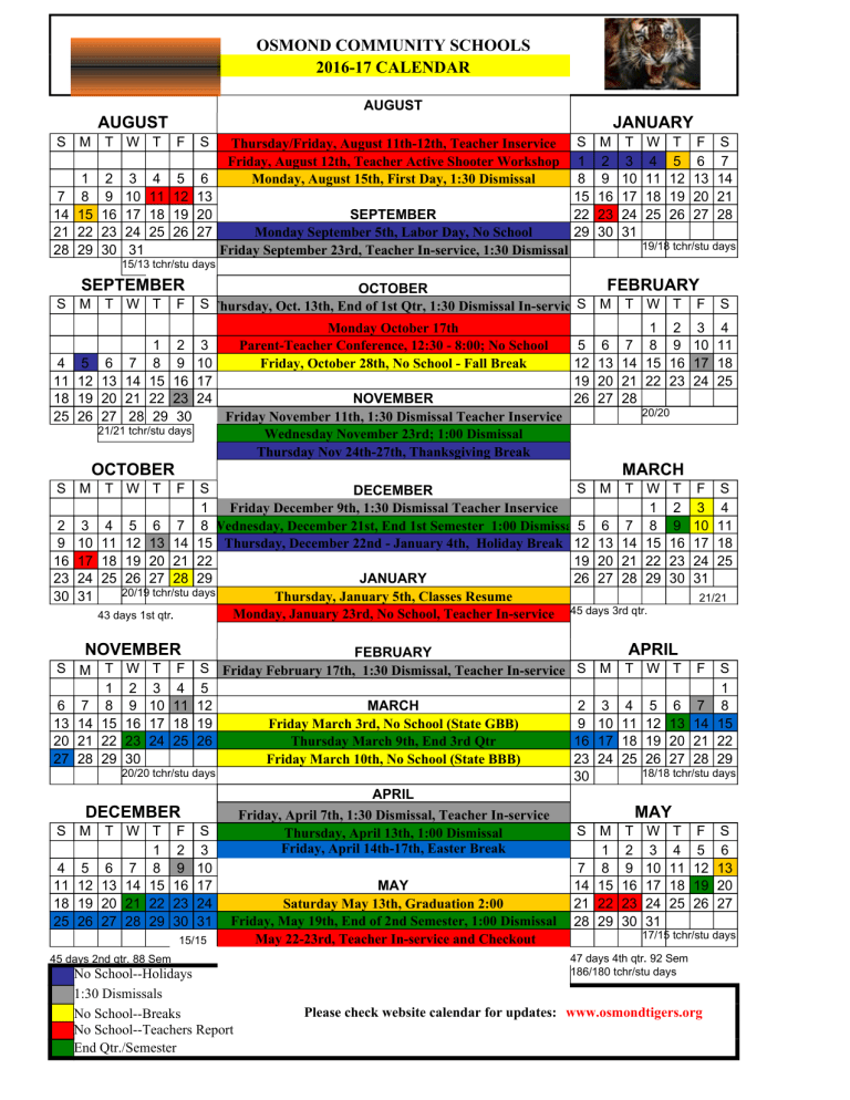 2016 17 School Calendar Osmond Community Schools