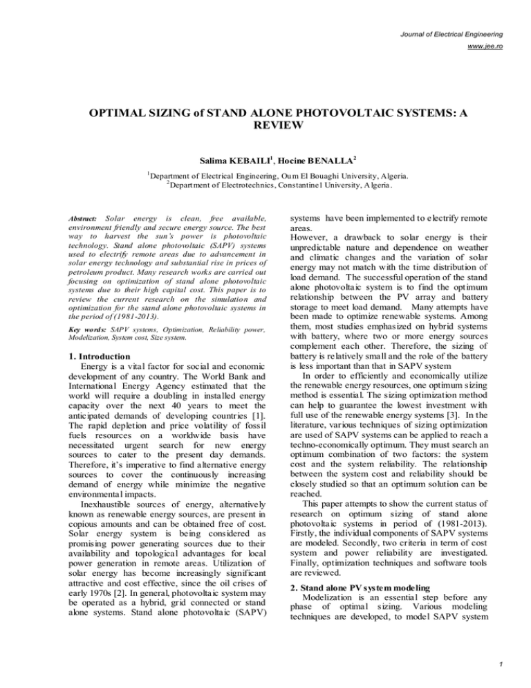 OPTIMAL SIZING of STAND ALONE PHOTOVOLTAIC SYSTEMS