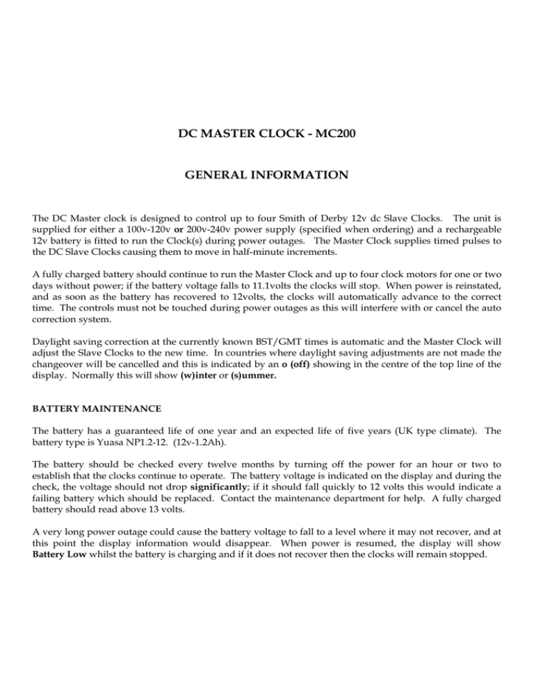 dc master clock - mc200 general information